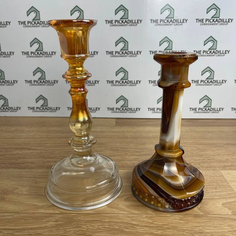 Vintage Amber Carnival Glass & Brown Slag Glass Taper Candlestick Holders Set 2